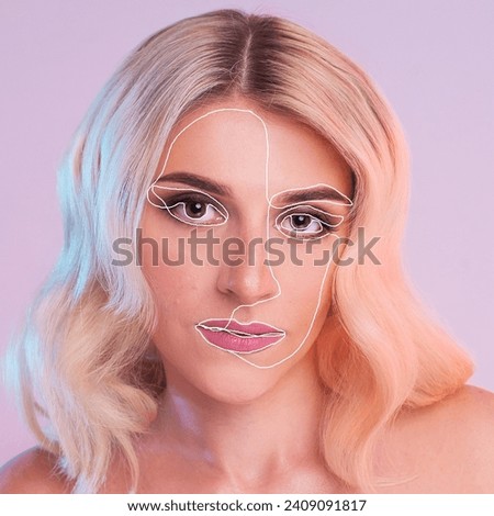 blonde on a pink background with creative lines on her face. High quality photo