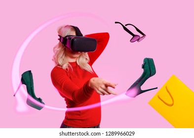 Blonde Ordering Fashion Items Online Via VR Goggles 