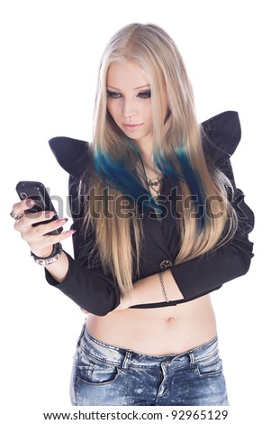 The blonde with phone on a white background