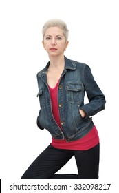 Blonde Short Hair Woman With Pixie Cut Standing In Casual Outfit, Hands In Pockets