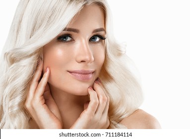 Blonde Woman Beautiful Portrait. Cosmetic Concept, Platinum Blond Hair Model Girl With Manicure. Studio Shot. Isolated On White.