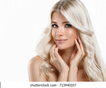 Blonde Woman Beautiful Portrait. Cosmetic Concept, Platinum Blond Hair Model Girl With Manicure. Studio Shot. Isolated On White.