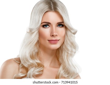 Blonde Woman Beautiful Portrait. Cosmetic Concept, Platinum Blond Hair Model Girl. Studio Shot. Isolated On White.