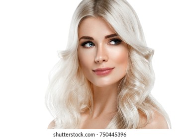 Blonde Woman Beautiful Portrait. Cosmetic Concept, Platinum Blond Hair Model Girl. Studio Shot. Isolated On White.