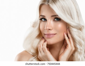 Blonde Woman Beautiful Portrait. Cosmetic Concept, Platinum Blond Hair Model Girl With Manicure. Studio Shot. Isolated On White.