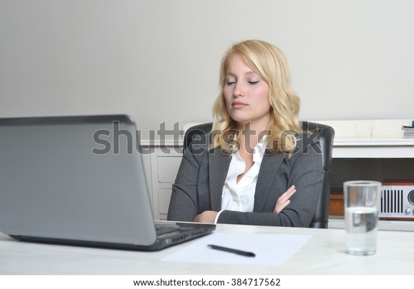 Blonde Woman Behind Her Desk Her Stock Photo Edit Now 384717562