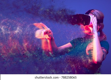 Blonde Woman Being Blown Away By The Virtual Reality. Conceptual Image