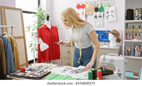 A blonde woman examines fabric in a vibrant tailor shop, surrounded by designs and sewing essentials. - Powered by Shutterstock