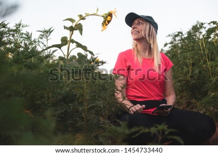 A blonde woman in a field of sunflowers looks directly at a wilting sunflower at McKee Beshers Wildlife Management Area, a nature area and forest in Poolesville, Maryland.
