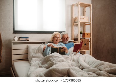 Blonde woman and her grey haired husband are lying in bed and reading favorite books while wearing glasses. - Powered by Shutterstock