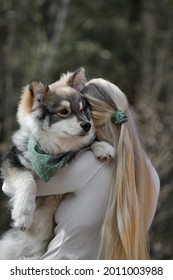 A Blonde Woman Holding A Finnish Lapphund Dog, They Have Matching Fashion Accessories