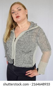 Blonde Woman Model Wearing Collection Clothes Knitwear Jacket Looking Away Dreamy Caucasian Type Curvy Lady 