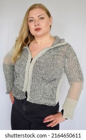 Blonde Woman Model Wearing Collection Clothes Knitwear Jacket Looking Away Dreamy Caucasian Type Curvy Lady 2