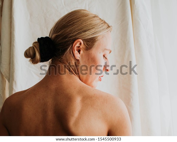 Blonde Woman Naked Back White Background Stock Photo