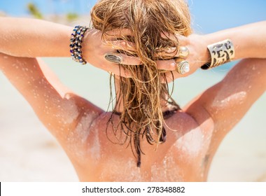 Blonde Woman With Sandy Hair By The Beach