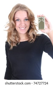 Blonde Woman Showing Gold Phone Over White