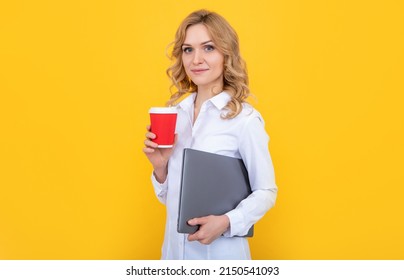 Blonde Woman Smile With Coffee Cup And Laptop On Yellow Background