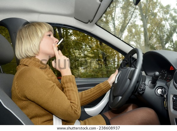 Blonde Woman Smoking Cigarette Car Stock Photo Edit Now 238608937