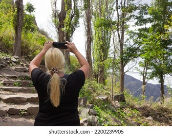 Blonde Woman Taking A Picture In A Forest.