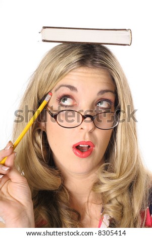 blonde woman thinking with book on head