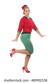 Blonde Woman Wearing Elf Christmas Costume On White Background