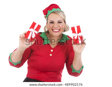 blonde woman wearing elf christmas costume on white background