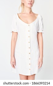 Blonde Woman Wearing A White Buttoned Dress Mockup