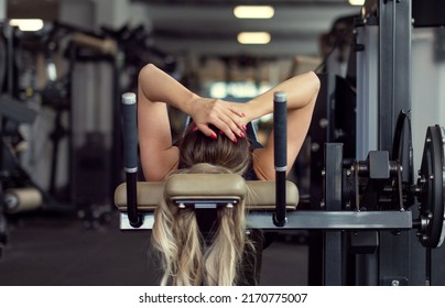 Blonde Young Woman Give Up Workout In Gym, Fail