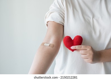 Blood Donation Concept. Give Blood Save Up To Three Lives. Woman Arm With The Bandage Plaster Showing As A Blood Donation Volunteer.