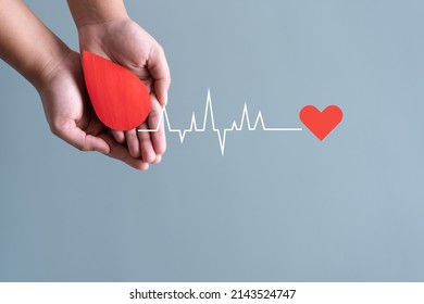 Blood Donation Or Heart Surgery Concept. Human Holding Blood Sign Connecting By Heart Rate Beat.