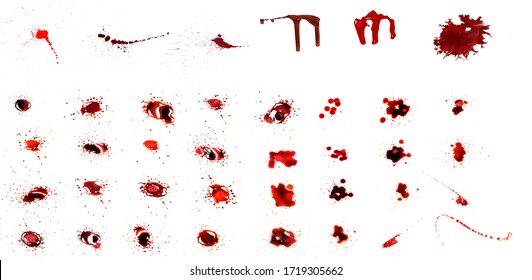 Blood dripping set.  Blood splatters. Drop and blob of blood. Bloodstains.   Red puddles. isolated on white background