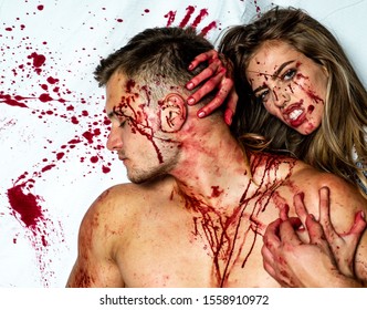 Blood Is Flowing Down The Neck, Bite Marks Are Visible. Sexy Woman Vampire Bites A Man's Neck. Woman With Red Blood And With Blond Hair. Killer, Maniac. Desire, Thirst Concept