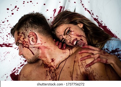 Blood Lust. Blood On Face. Butcher Carcass. Bloody Halloween. Crazy Couple