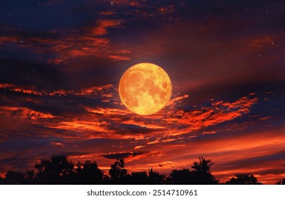Blood Moon ,Red moon, real full blood moon in black sky with cloud. Elements of this image furnished by NASA.