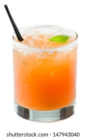 Blood Orange Margarita Isolated On A White Background Garnished With A Sugar Rim And A Lime Wedge