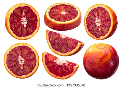 Blood oranges (Citrus x sinensis fruits), whole, halved and slices