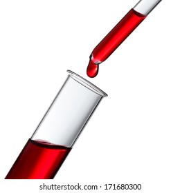 Blood Or Other Red Liquid Drop From Glass Pipette To Test Tube, Isolated On White