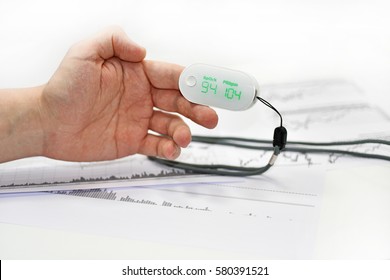 Blood Oxygen Meter On Mans Finger. Isolated On White Background.