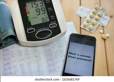 Blood Pressure Monitor, Blood Pressure Diary, Phone Displaying A Request For The Correct Value Of Blood Pressure And Medicine For Hypertension