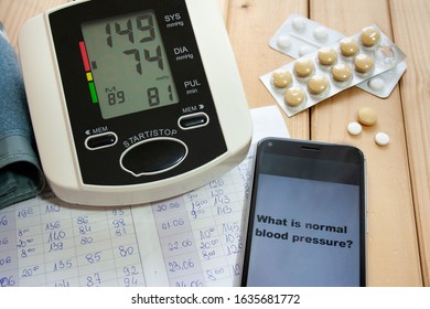 Blood Pressure Monitor, Blood Pressure Diary, Phone Displaying A Request For The Correct Value Of Blood Pressure And Medicine For Hypertension