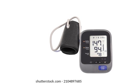 Blood Pressure Monitor show high 
 level (HBP or hypertension),  Upper Arm Cuff, Digital Machine, isolated and white background.