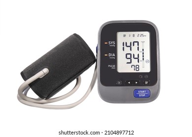 Blood Pressure Monitor Show High 
 Level (HBP Or Hypertension),  Upper Arm Cuff, Digital Machine, Isolated And White Background.