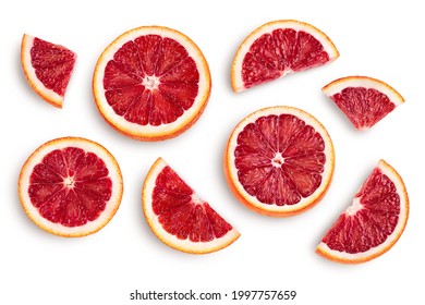 Blood red oranges slices isolated on white background with clipping path. Top view. Flat lay