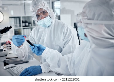 Blood Research, Medicine Or Teamwork With Doctors Or Scientist With Science, Innovation And Healthcare Analytics In Lab. Medical, Team Or PPE For Safety, Health Or Wellness For Covid Research