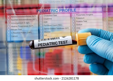 Blood Sample Tube For Analysis Pediatric In Laboratory. Blood Tube Test With Requisition Form For Pediatric Test