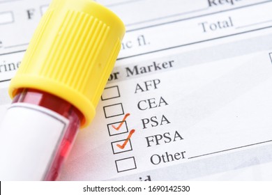 Blood sample tube with lab requisition form for PSA and free PSA test, prostate cancer diagnosis