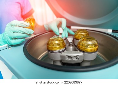 Blood Samples Analysing In Modern Hospital Laboratory. Professional Centrifuge Plasma Preparation.