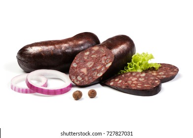 blood sausages with onion isolated on white background
