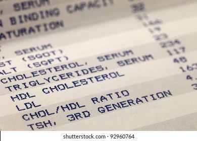 Blood Screening Results Printout With Focus On Cholesterol - Detail With A Selective Focus