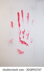 Blood Smeared Bloody Handprint On Frosted Glass Window Or Shower Screen